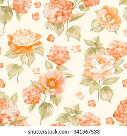 The floral seamless pattern over light background. Flower pattern of orange hydrangea flowers over white background. Seamless texture. Orange flowers. Vector illustration.