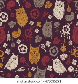Floral seamless pattern with owl.