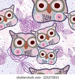 floral seamless pattern with owl and butterfly 