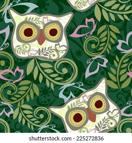 floral seamless pattern with owl and butterfly 
