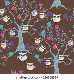 floral seamless pattern with owl and flowers