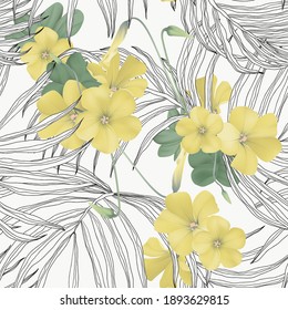 Floral seamless pattern, Oxalis stricta flowers and palm leaves on bright grey