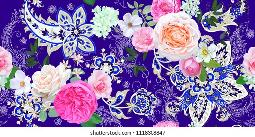 Floral seamless pattern with paisley