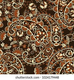 Floral seamless pattern with paisley ornament. Vector illustration in asian textile style 