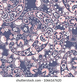 Floral seamless pattern with paisley ornament. Vector illustration in asian textile style 