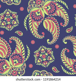 Floral seamless pattern with paisley ornament. Vector illustration in asian textile style 