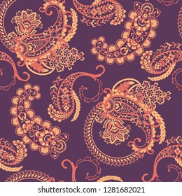 Floral seamless pattern with paisley ornament. Vector illustration in asian textile style 