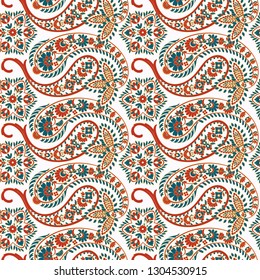 Floral seamless pattern with paisley ornament. Vector illustration in asian textile style 