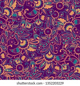 Floral seamless pattern with paisley ornament. Vector illustration