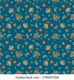 Floral seamless pattern with paisley ornament. Vector illustration in asian textile style