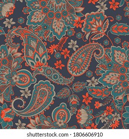 Floral seamless pattern with paisley ornament. Vector illustration in asian textile style