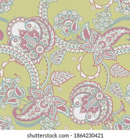 Floral seamless pattern with paisley ornament. Vector illustration in asian textile style 