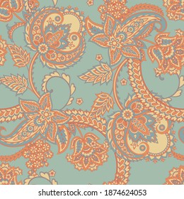 Floral seamless pattern with paisley ornament. Vector illustration in asian textile style 