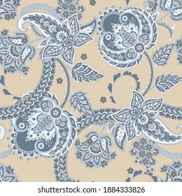 Floral seamless pattern with paisley ornament. Vector illustration in asian textile style 