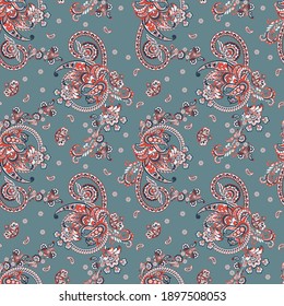 Floral seamless pattern with paisley ornament. Vector illustration in asian textile style 