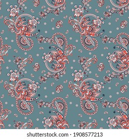 Floral seamless pattern with paisley ornament. Vector illustration in asian textile style 