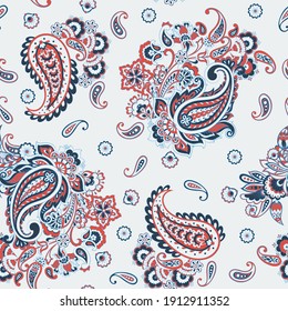 Floral seamless pattern with paisley ornament. Vector illustration in asian textile style 