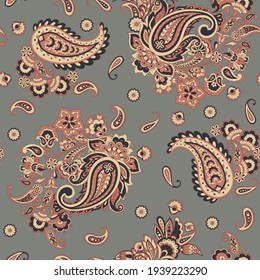 Floral seamless pattern with paisley ornament. Vector illustration in asian textile style 