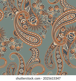 Floral seamless pattern with paisley ornament. Vector illustration in asian textile style 