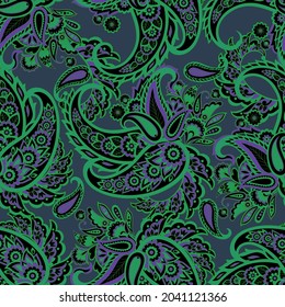 Floral seamless pattern with paisley ornament. Vector illustration in asian textile style