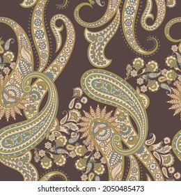 Floral seamless pattern with paisley ornament. Vector illustration in asian textile style 