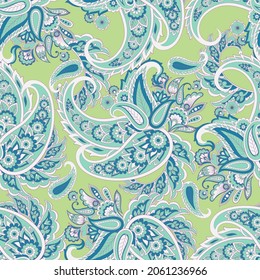Floral seamless pattern with paisley ornament. Vector illustration in asian textile style