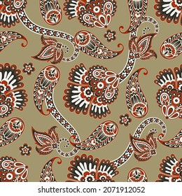 Patrón floral sin fisuras con adorno paisley. Ilustración vectorial en estilo textil asiático