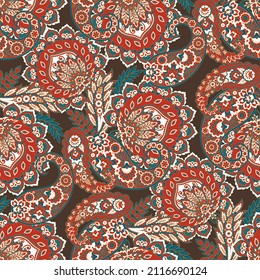 Floral seamless pattern with paisley ornament. Vector illustration in asian textile style