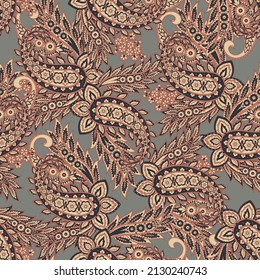 Floral seamless pattern with paisley ornament. Vector illustration in asian textile style