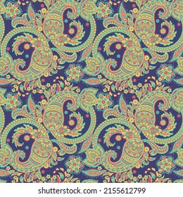 Floral seamless pattern with paisley ornament. Vector illustration in asian textile style 