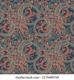 Floral seamless pattern with paisley ornament. Vector illustration in asian textile style 
