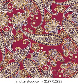 Floral seamless pattern with paisley ornament. Vector illustration in asian textile style