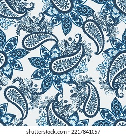 Floral seamless pattern with paisley ornament. Vector illustration in asian textile style