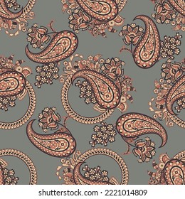 Floral seamless pattern with paisley ornament. Vector illustration in asian textile style