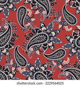 Floral seamless pattern with paisley ornament. Vector illustration in asian textile style