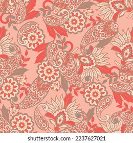 Floral seamless pattern with paisley ornament. Vector illustration in asian textile style 