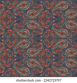Floral seamless pattern with paisley ornament. Vector illustration in asian textile style