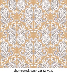 Floral seamless pattern with paisley ornament. Vector illustration in asian textile style