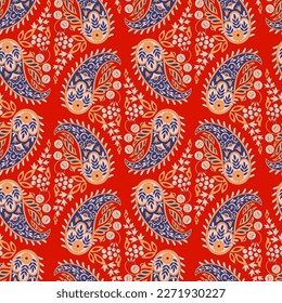 Floral seamless pattern with paisley ornament. Vector illustration in asian textile style 