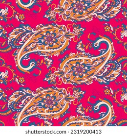 Patrón floral sin fisuras con adorno paisley. Ilustración vectorial en estilo textil asiático 