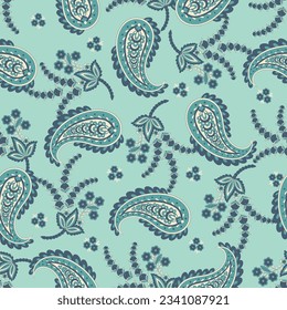 Floral seamless pattern with paisley ornament. Vector illustration in asian textile style 