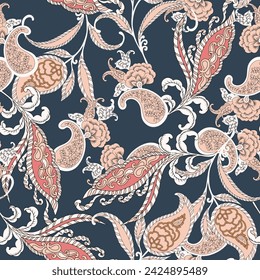 Floral seamless pattern with paisley ornament. Vector illustration in Asian textile style