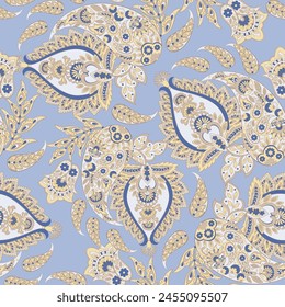 Floral seamless pattern with paisley ornament. Vector illustration in asian textile style 