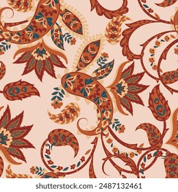 Floral seamless pattern with paisley ornament. Vector illustration in asian textile style 