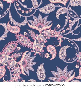 Blumennahtloses Muster mit Paisley-Ornament. Vektorgrafik im asiatischen Textilstil 