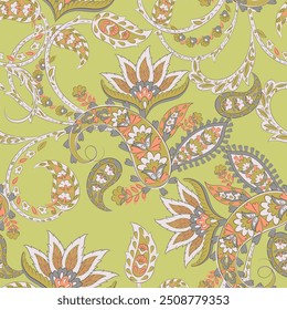 Blumennahtloses Muster mit Paisley-Ornament. Vektorgrafik im asiatischen Textilstil 