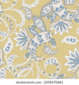 Floral seamless pattern with paisley ornament. Vector illustration in asian textile style 