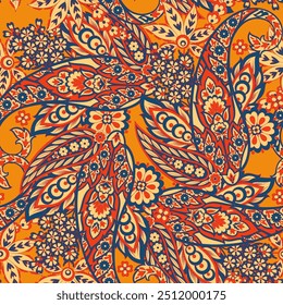 Floral seamless pattern with paisley ornament. Vector illustration in asian textile style 