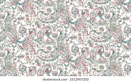 Floral seamless pattern with paisley ornament. Vector illustration in asian textile style