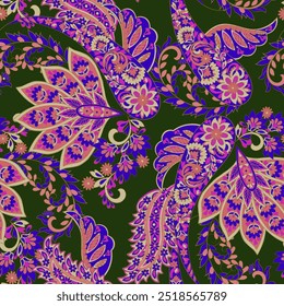 Floral seamless pattern with paisley ornament. Vector illustration in asian textile style